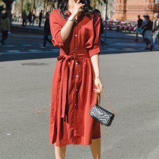 V-neck Button-up Midi A-line Dress