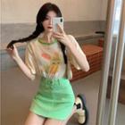 Elbow-sleeve Rabbit Print T-shirt / Mini Pencil Skirt