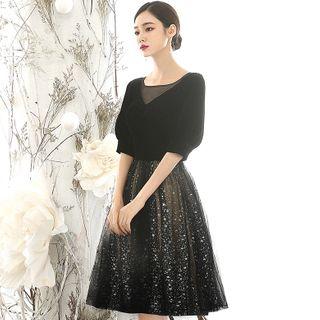 Balloon-sleeve Star Sequined A-line Cocktail Dress