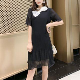 Elbow-sleeve Ribbon Pleated Chiffon Dress