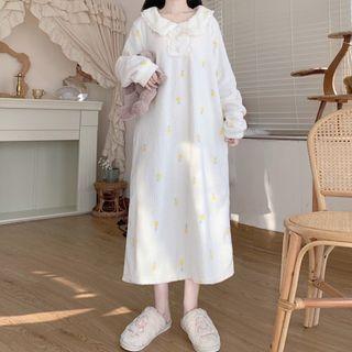 Long-sleeve Flannel Midi Sleep Dress White - One Size