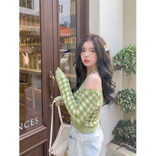 Cold-shoulder Gingham Knit Top