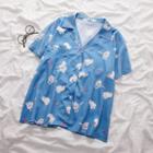 Cat Print Short-sleeve Blouse Blue - One Size