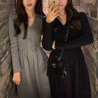 V-neck Long-sleeve Knit Midi A-line Dress