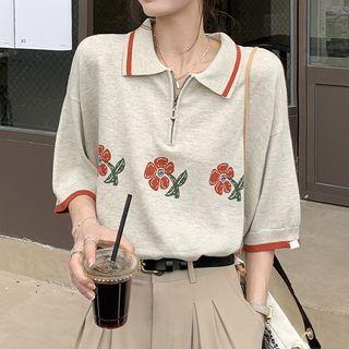 Elbow-sleeve Collar Flower Print T-shirt