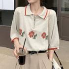 Elbow-sleeve Collar Flower Print T-shirt