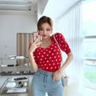 Sweetheart-neck Dotted Knit Crop Top