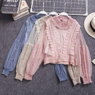 Set: Long-sleeve Lace Paneled Chiffon Top + Camisole