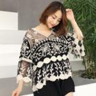 V-neck Bell-sleeve Lace Top