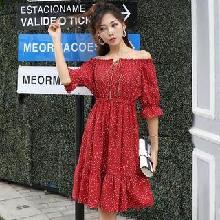 Dotted Off-shoulder A-line Dress