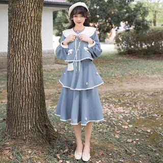 Set: Long-sleeve Collared Top + Midi Tiered Skirt