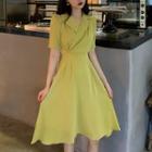 Elbow-sleeve Plain High-waist Collar A-line Skirt
