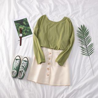 Set: Plain Loose-fit T-shirt + Button-front Skirt