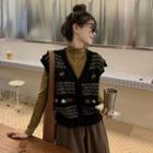 Floral Sweater Vest / Mock-neck T-shirt / Midi A-line Skirt