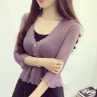 3/4-sleeve V-neck Ruffled Cardigan