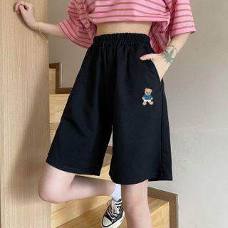 High Waist Bear Print Plain Shorts
