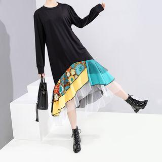 Printed Panel Ruffle Hem Long-sleeve Midi Dress Black - One Size