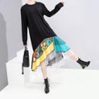 Printed Panel Ruffle Hem Long-sleeve Midi Dress Black - One Size