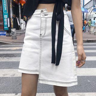 Cropped Side Tie Short-sleeve T-shirt / Asymmetric Denim Skirt