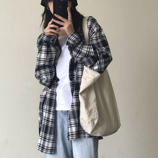 Long-sleeve Plaid Shirt Plaid - Black & Gray - One Size