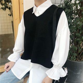 Set: Ruffle Trim Blouse + Plain Vest