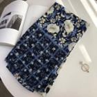 Floral Print Linen Shawl White Floral - Navy Blue - One Size