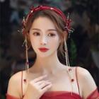 Wedding Faux Pearl Rhinestone Fringed Headband 1 Piece - Red - One Size