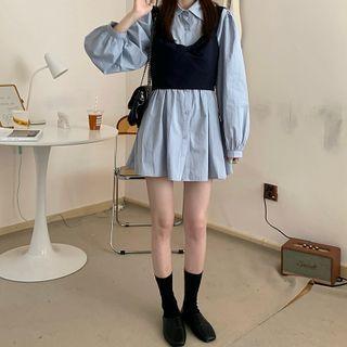 Long-sleeve Plain Mini Shirt Dress / Crop Tank Top
