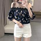 Feather Print Mesh Panel Cold Shoulder Elbow-sleeve Top