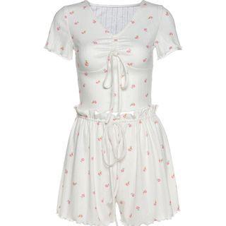 Set: Short-sleeve Floral Print Drawstring Blouse + Shorts