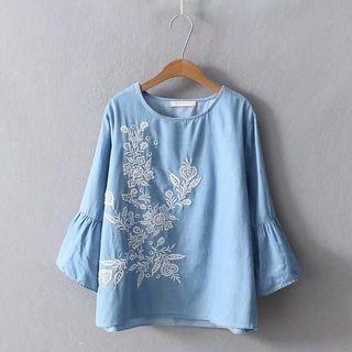 3/4-sleeve Embroidered Denim Top