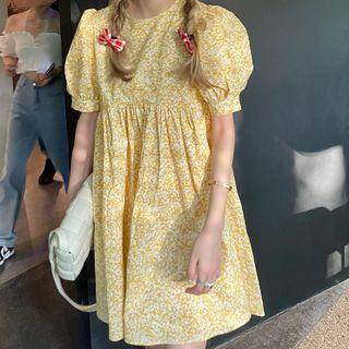 Short-sleeve Floral Print Mini Dress Yellow - One Size