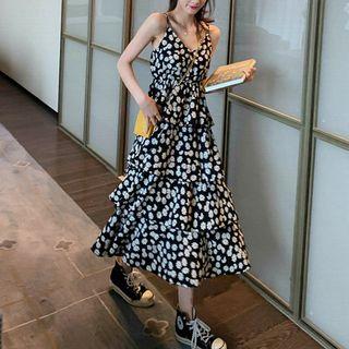 Spaghetti Strap Floral Layered Midi A-line Dress