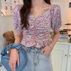 Floral Shirred Short-sleeve Cropped Blouse