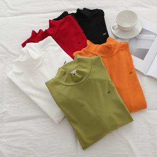 Long-sleeve Mock Collar Embroidered T-shirt