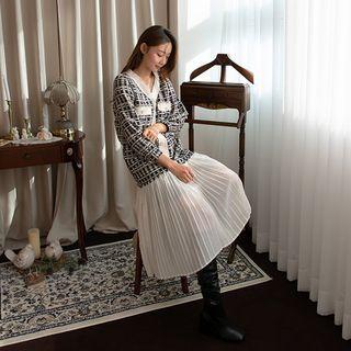 Balloon-sleeve Pleated-hem Long Tweed Dress