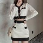 Set: Two Tone Cardigan / Mini Fitted Skirt White - One Size