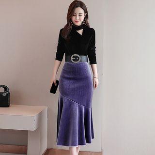 Set: Long-sleeve Cutout Velvet Top + Flare Hem Midi Pencil Skirt