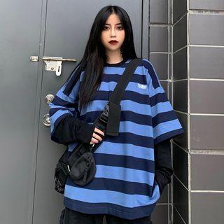 Mock Two-piece Long-sleeve Embroidered Letter Striped T-shirt As Shown In Figure - One Size