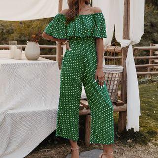 Off-shoulder Dotted Wide-leg Jumpsuit