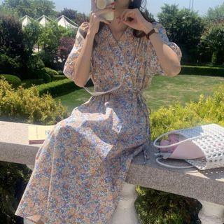 Puff-sleeve Floral Midi A-line Dress Tangerine - One Size