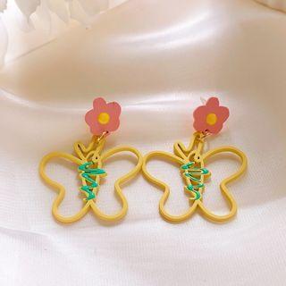 Flower Butterfly Alloy Dangle Earring 1 Pair - S925 Silver - Pink & Yellow - One Size