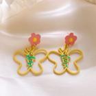 Flower Butterfly Alloy Dangle Earring 1 Pair - S925 Silver - Pink & Yellow - One Size