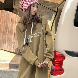Long-sleeve Lettering Loose-fit Hooded Dress Dark Mustard - One Size