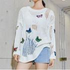 Butterfly Embroidered Distressed Knit Top White - One Size