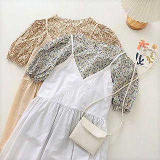 Plain Sleeveless Dress / Puff-sleeve V-neck Floral Top