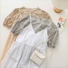 Plain Sleeveless Dress / Puff-sleeve V-neck Floral Top