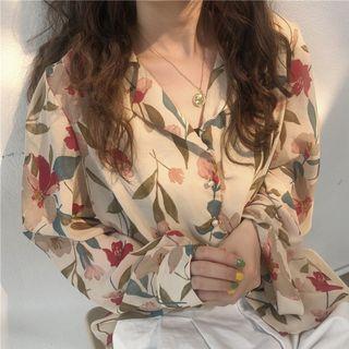 Flower Print Chiffon Blouse Flower - Almond - One Size