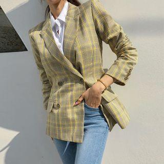 Office Look Plaid Double-button Blazer