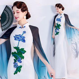 Embroidered Long-sleeve Sheath Evening Gown